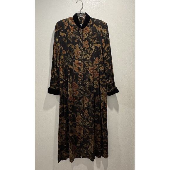 Vintage JESSICA HOWARD Button Front Black Floral Tapestry Dress Buttons Maxi - Picture 1 of 14